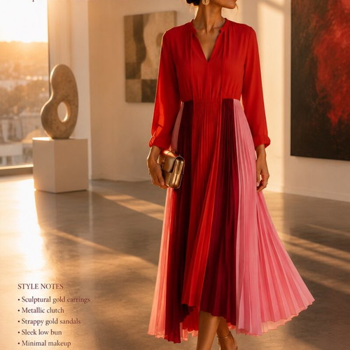Maje No1 Pleated Midi Dress red-pink, like new
