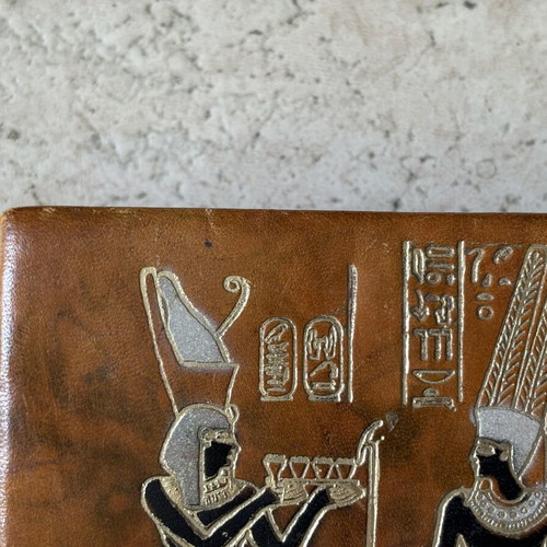 Small storage box used, camel leather with Egyptian design