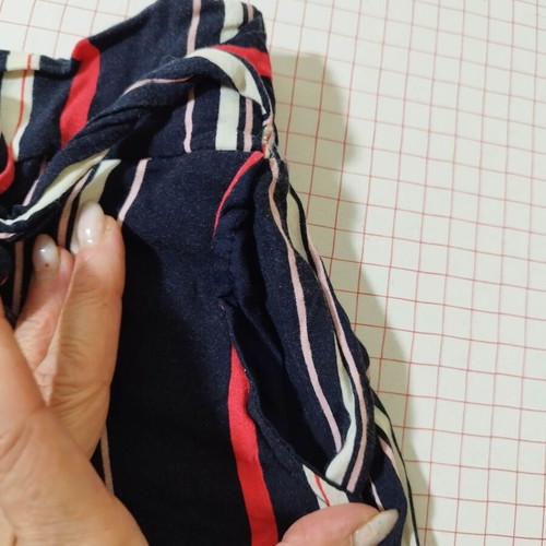 High-waist striped viscose shorts, navy with red and white stripes
