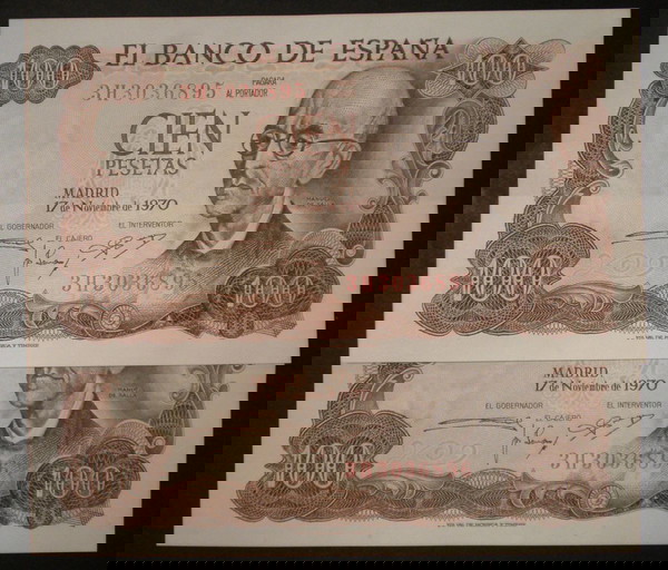 Ισπανία, ζευγάρι GEM-UNC 100 πεσετες του 1970,συνεχόμενα νουμερα