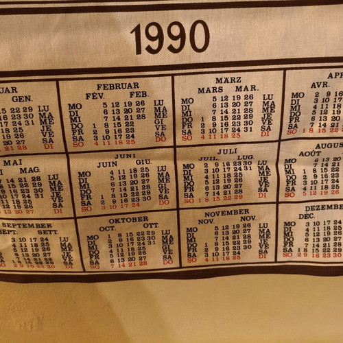 Vintage fabric wall calendar from Switzerland 1990 like new