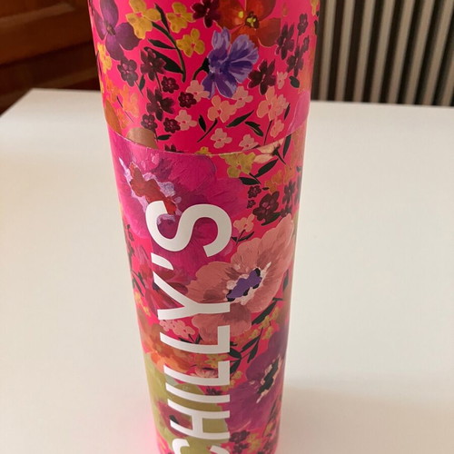 Empty cylinder box like new, floral fuchsia design