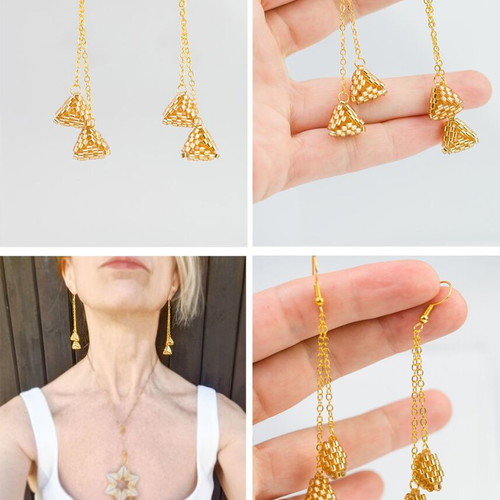 Gold Earrings with Triangular Glass Beads handmade