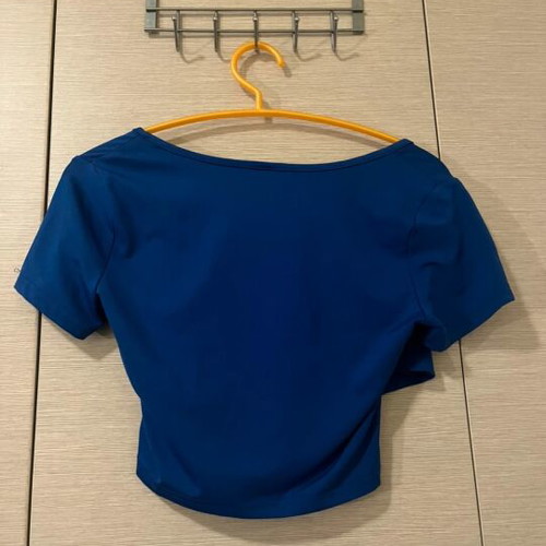 Shein blue cropped cross-front top, size S