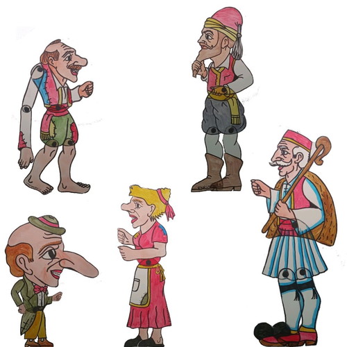 Karagiozis handmade figures, 30cm each, Aglaia, Barbagiorgos, Morfonios