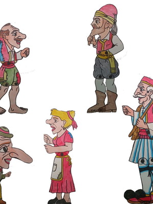 Karagiozis handmade figures, 30cm each, Aglaia, Barbagiorgos, Morfonios