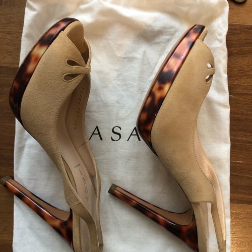 Casadei beige suede slingback sandals with tortoiseshell heel size 38.5