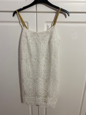 Dress with embroidery used, white, slim fit, gold straps