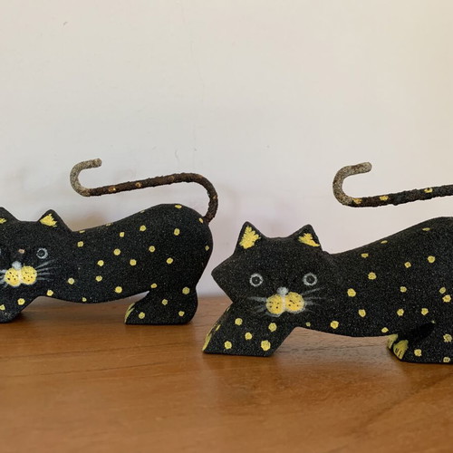 Set of two handmade wooden and sand cat figurines