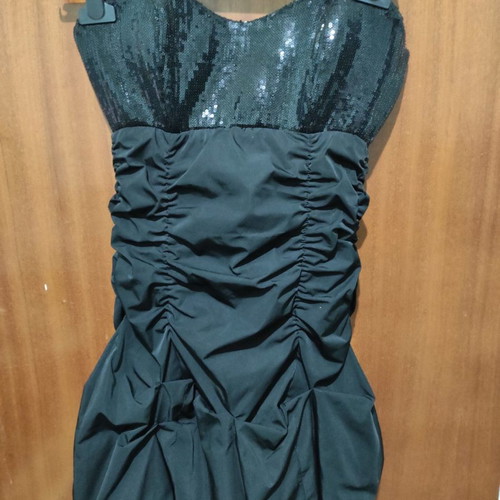 Strapless black dress used, size small with rhinestones and cords