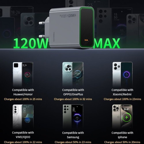 Tranyoo T-EU8C 120W GaN Fast Charger with USB-C Cable 1m