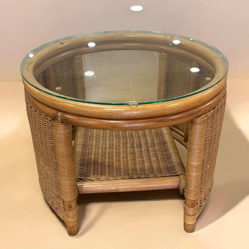 Set of 2 bamboo armchairs with glass coffee table new