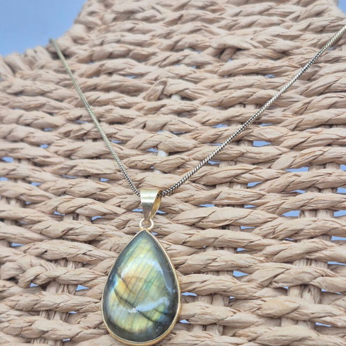 Labradorite Cabochon Brass Necklace Tear Shaped New