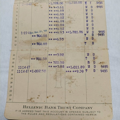 Hellenic Bank Trust Company deposit book used, New York 1942