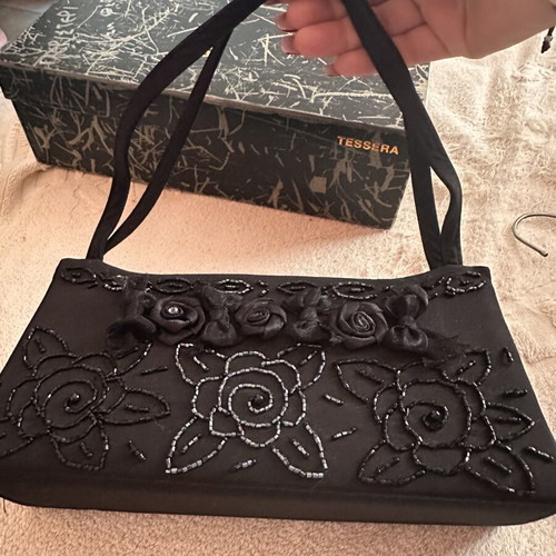 Handbag used black with floral decoration
