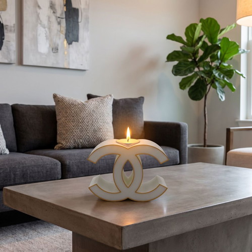 Tealight candle holder Chanel design with 6 plant-based soy candles Baby Powder and White Musk