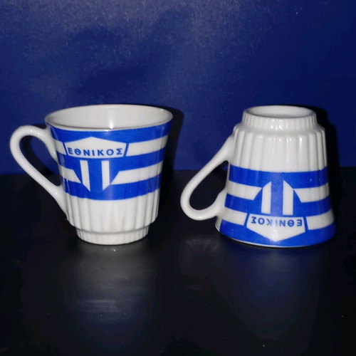 Ethnikos coffee cups used, set of 2, football team logo