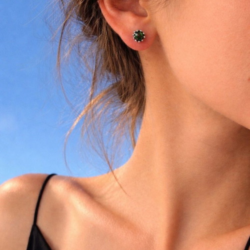 Green opal stud earrings 925 sterling silver new, crown screw back