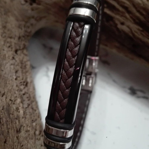Men's Leather Bracelet with Stainless Steel and Tabac Leather New