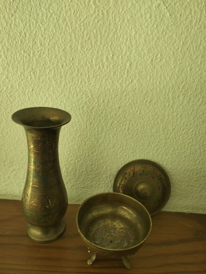 Brass bud vase with matching trinket box set with enamel like new