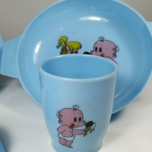 Vintage Siaroplast Greek Children's Dinner Set used, blue