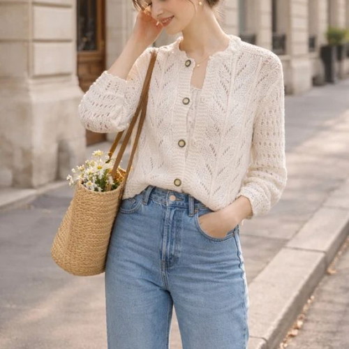 White handmade knitted vintage cardigan like new, size M