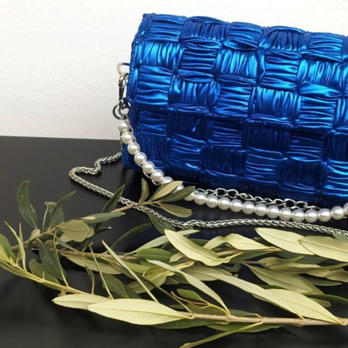 Shoulder Bag Electric Metallic Blue New with Pearl Strap and Silver Chain