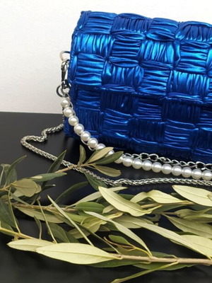 Shoulder Bag Electric Metallic Blue New with Pearl Strap and Silver Chain