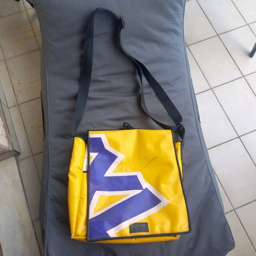 Shoulder bag used, large, yellow and purple, vintage style