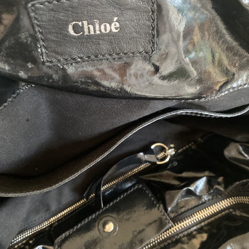 Τσάντα χειρός Chloé Héloise από δέρμα λουστρίνι μεταχειρισμένη, μαύρη και ασημί