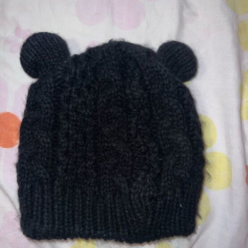 Knitted black hat with ears like new, one size