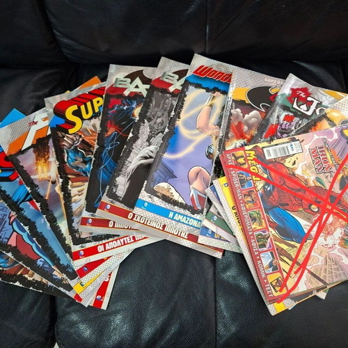 DC and Marvel comics used, 15 issues with Superman, Wonder Woman, Batman, Spiderman