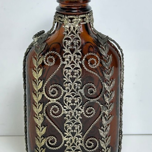 Vintage amber glass flask with filigree metalwork, 1930-1950