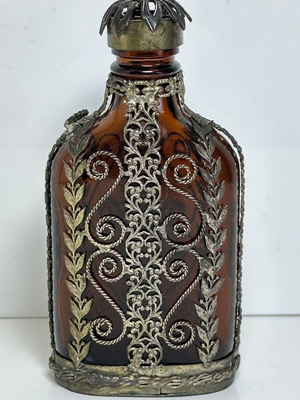 Vintage amber glass flask with filigree metalwork, 1930-1950