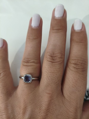 Women's ring with purple stone and halo design, like new