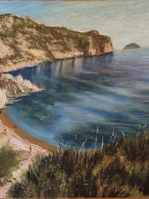 Vroulidia Beach Chios oil pastel on cardboard new