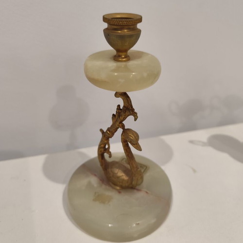 Vintage onyx candlestick with embossed swan decoration