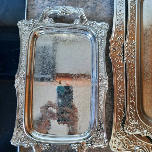Vintage serving trays set used, stainless steel, carved