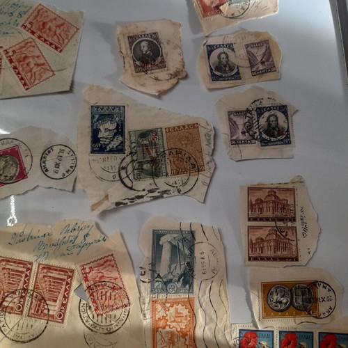 Old Greek stamps on envelope cutouts used, 1930s-1950s