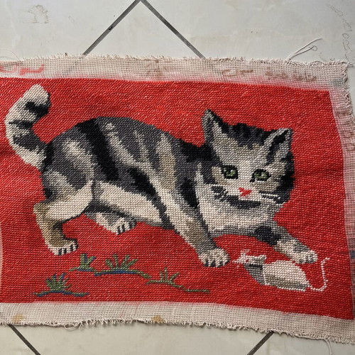 Handmade textile painting used, framed, 0.42x0.27 m