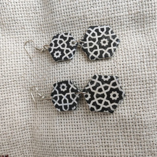 Pentagonal earrings black and white patterned new handmade