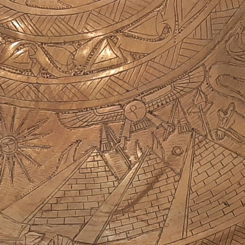 Bronze tray used with Egyptian designs and folding wooden stand