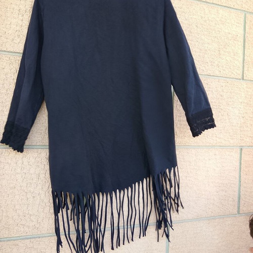 Black women's cardigan with fringe and lace detail, boho casual