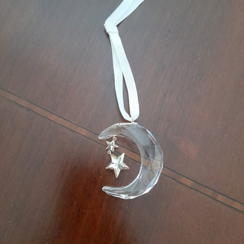 Swarovski Holiday Magic crescent ornament on white grosgrain ribbon new