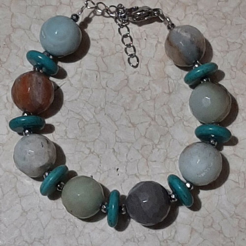 Bracelet with amazonite, multi and chalcedony in turquoise, hematite and steel new