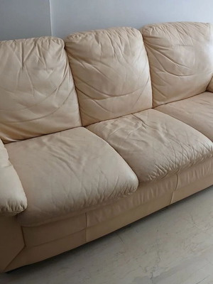 Leather three-seater sofa, beige