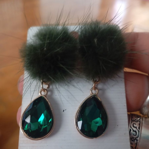 Vintage earrings with emerald green pompoms and teardrop crystals