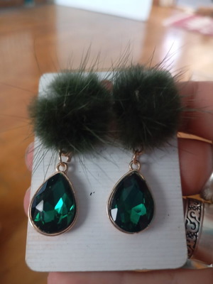 Vintage earrings with emerald green pompoms and teardrop crystals
