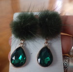 Vintage earrings with emerald green pompoms and teardrop crystals