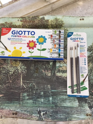 Giotto tempera paints colorful sealed with brushes new